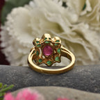 Oval Ruby Floral Ring 925 Sterling Silver Yellow Gold Plated
