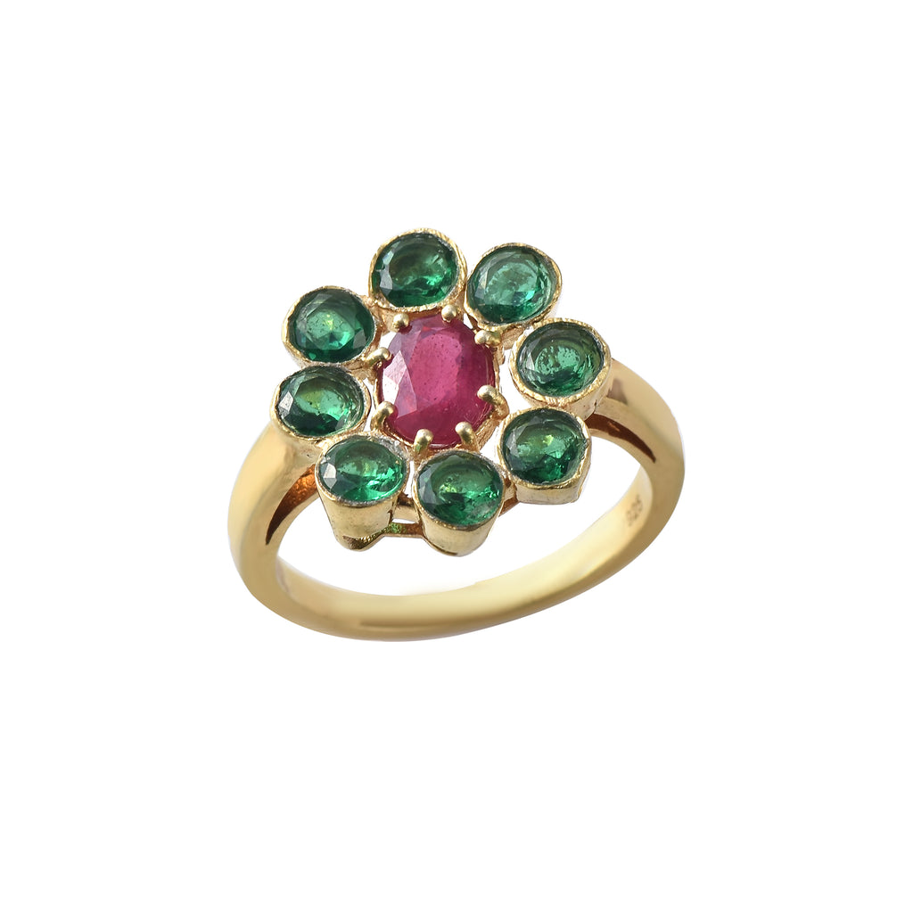 Oval Ruby Floral Ring 925 Sterling Silver Yellow Gold Plated