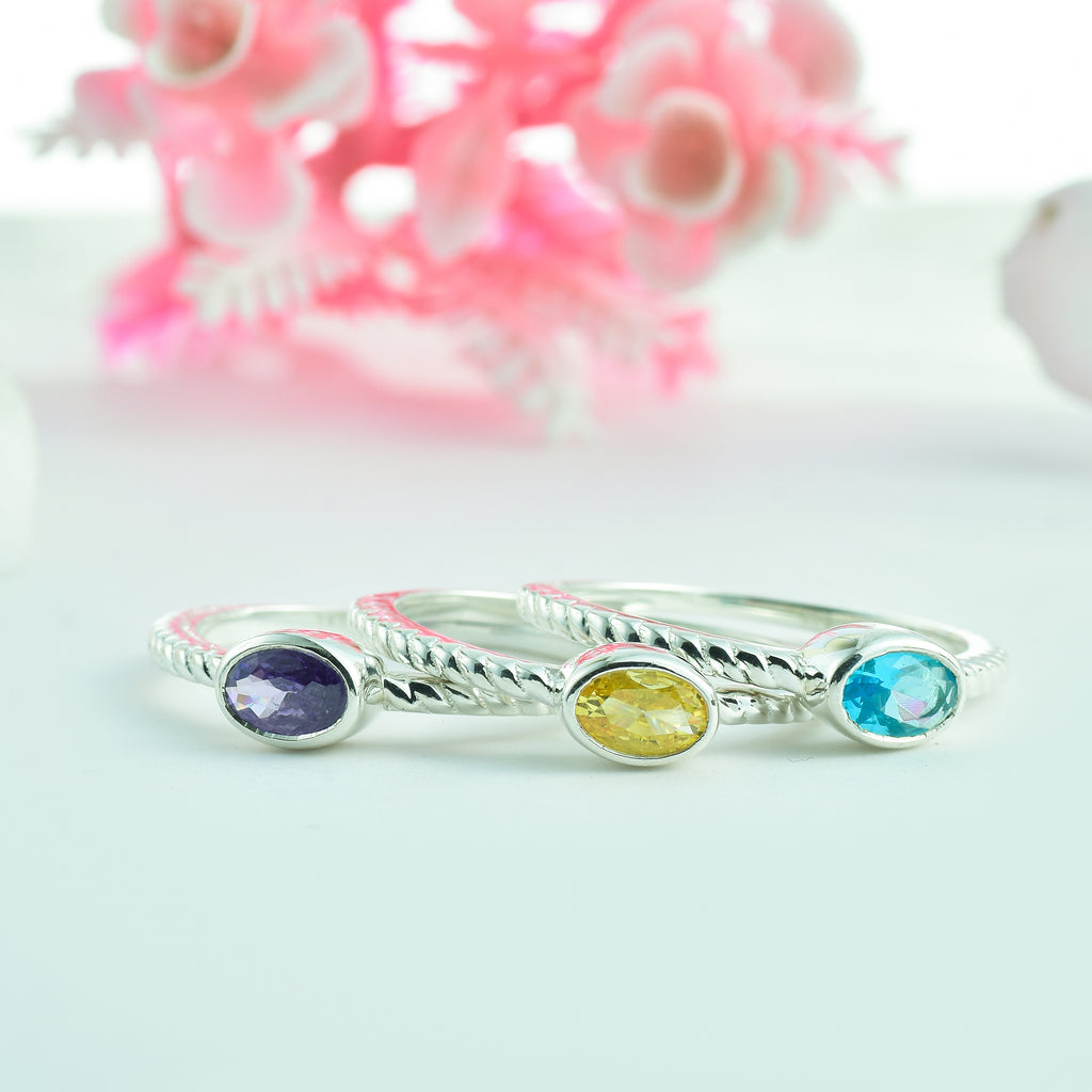 Oval Citrine Triple Stone Rope Band Ring 925 Sterling Silver