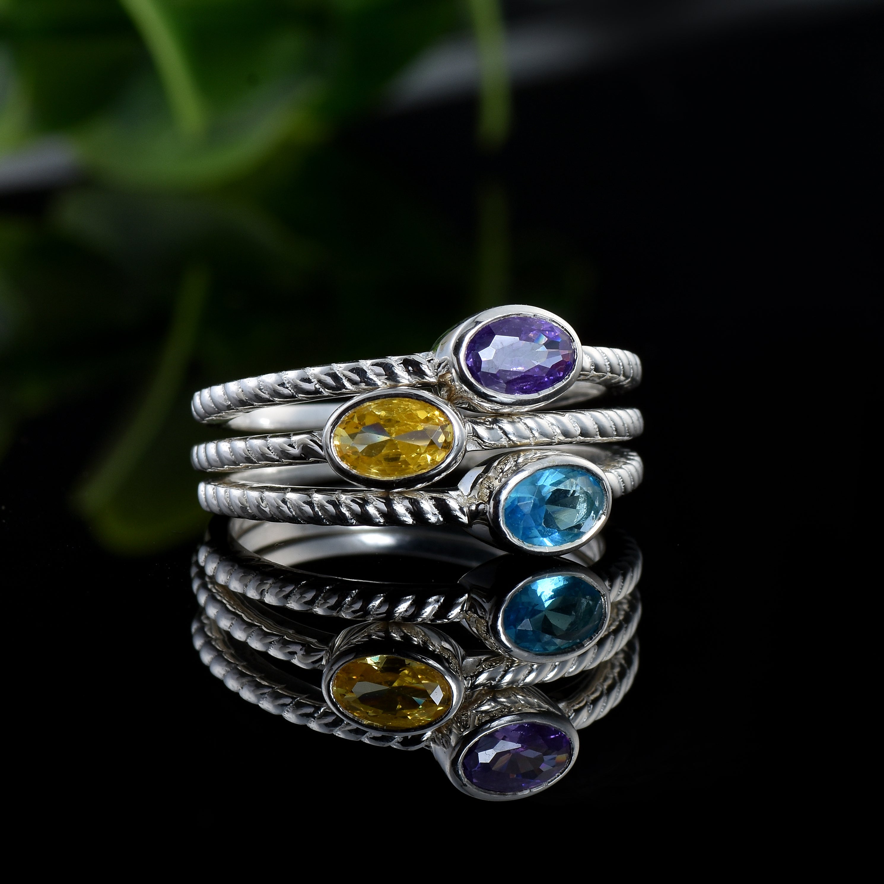 Oval Citrine Triple Stone Rope Band Ring 925 Sterling Silver
