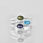 Oval Swiss Blue Topaz Triple Stone Rope Band Ring 925 Sterling Silver