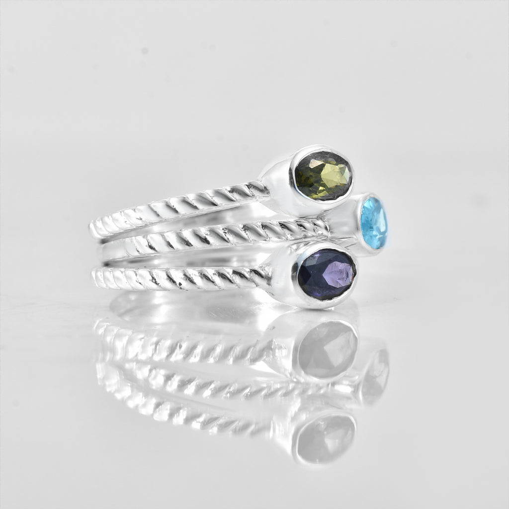 Oval Swiss Blue Topaz Triple Stone Rope Band Ring 925 Sterling Silver