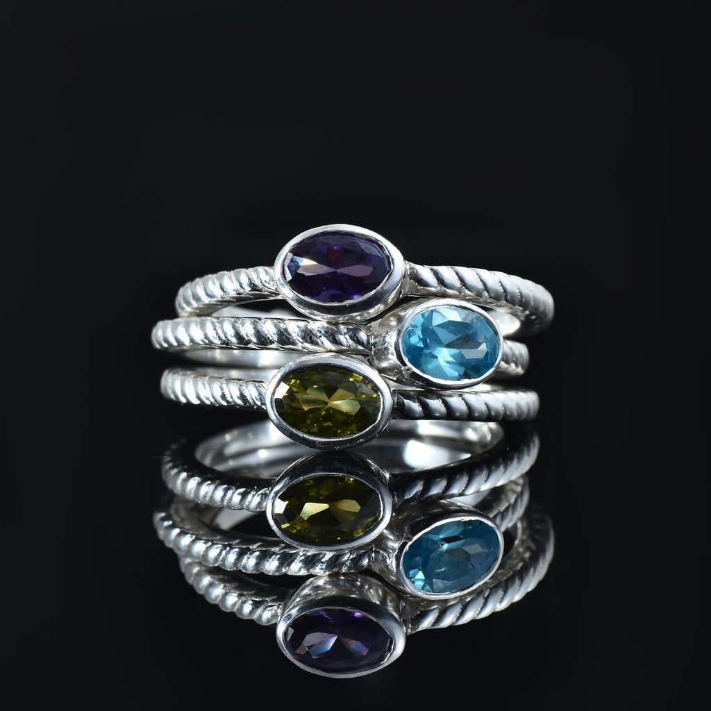 Oval Swiss Blue Topaz Triple Stone Rope Band Ring 925 Sterling Silver