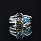 Oval Swiss Blue Topaz Triple Stone Rope Band Ring 925 Sterling Silver