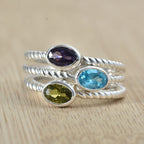 Oval Swiss Blue Topaz Triple Stone Rope Band Ring 925 Sterling Silver