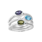 Oval Swiss Blue Topaz Triple Stone Rope Band Ring 925 Sterling Silver