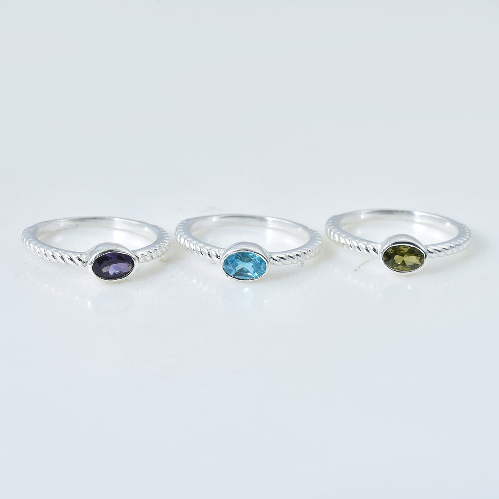 Oval Swiss Blue Topaz Triple Stone Rope Band Ring 925 Sterling Silver