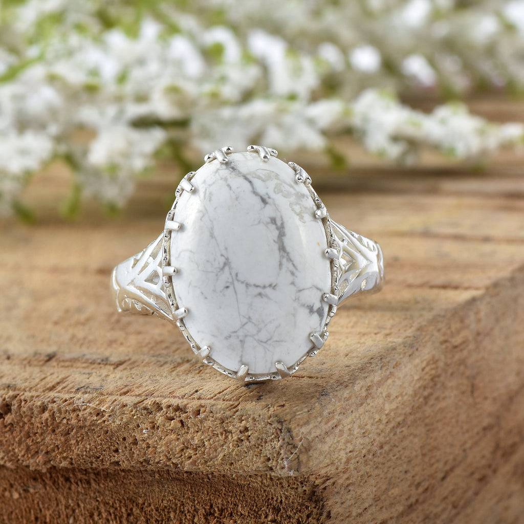 Oval Howlite Statement Ring 925 Sterling Silver