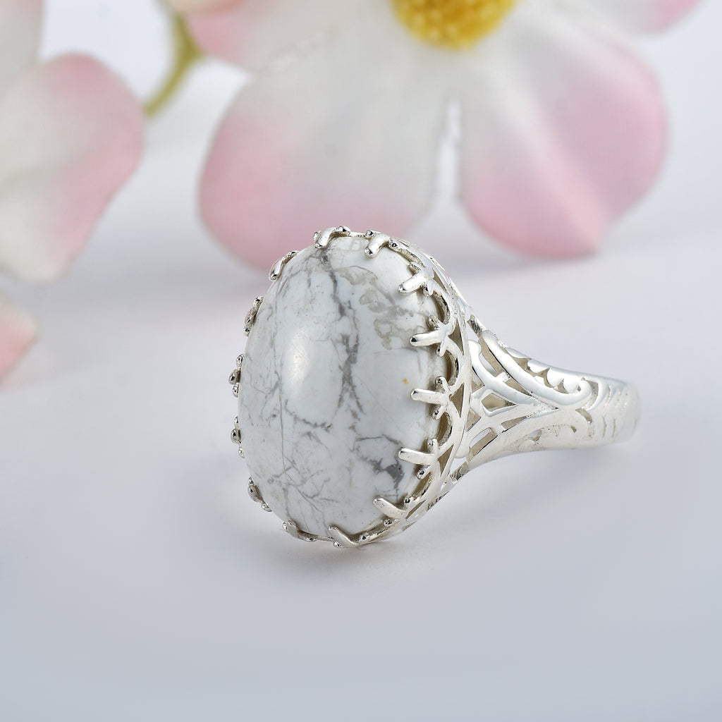 Oval Howlite Statement Ring 925 Sterling Silver