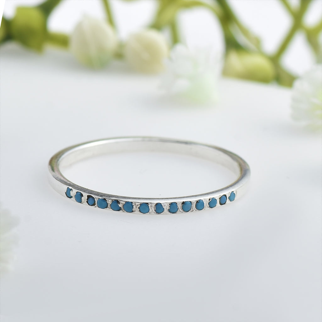 Round Blue Turquoise Stacking Band Ring 925 Sterling Silver