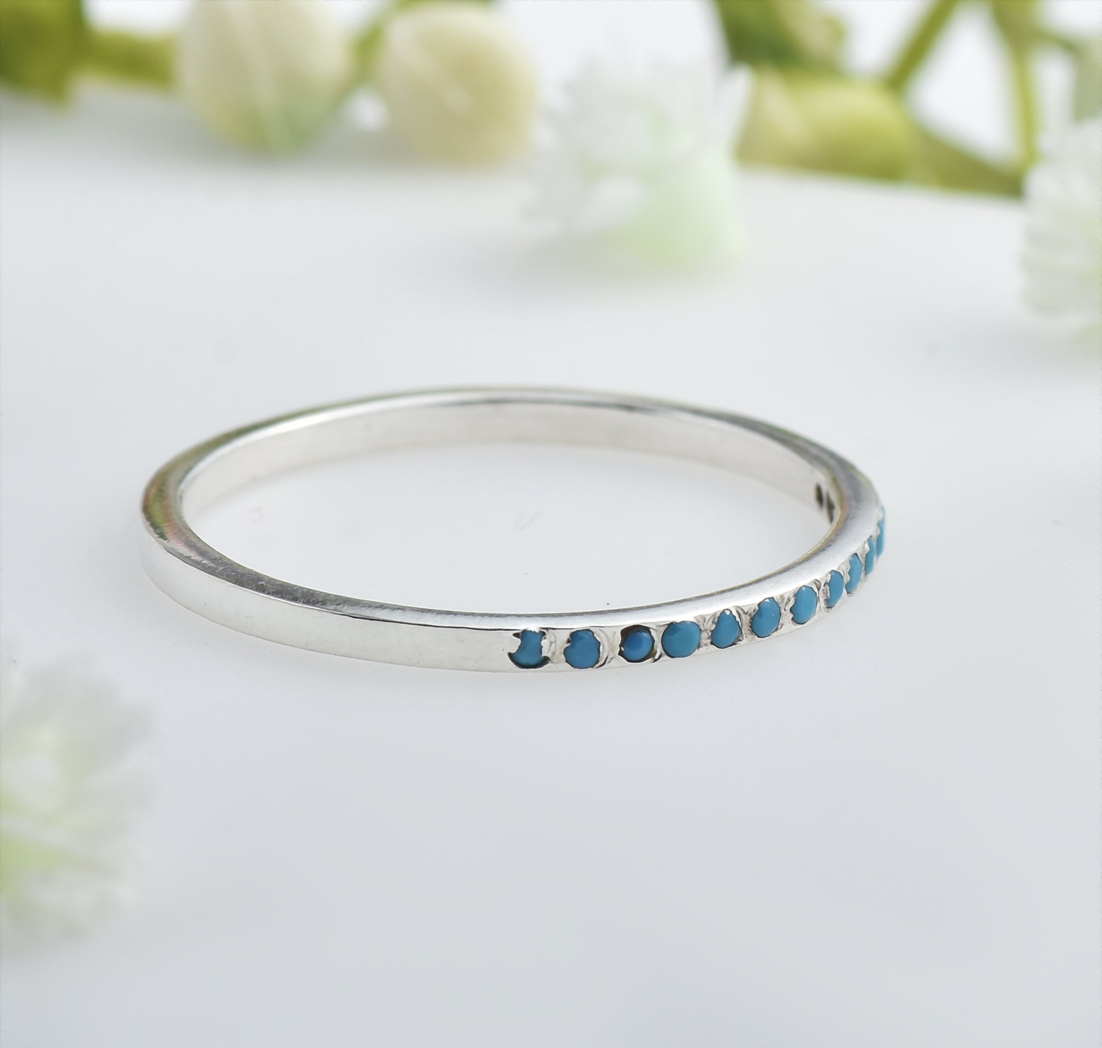 Round Blue Turquoise Stacking Band Ring 925 Sterling Silver