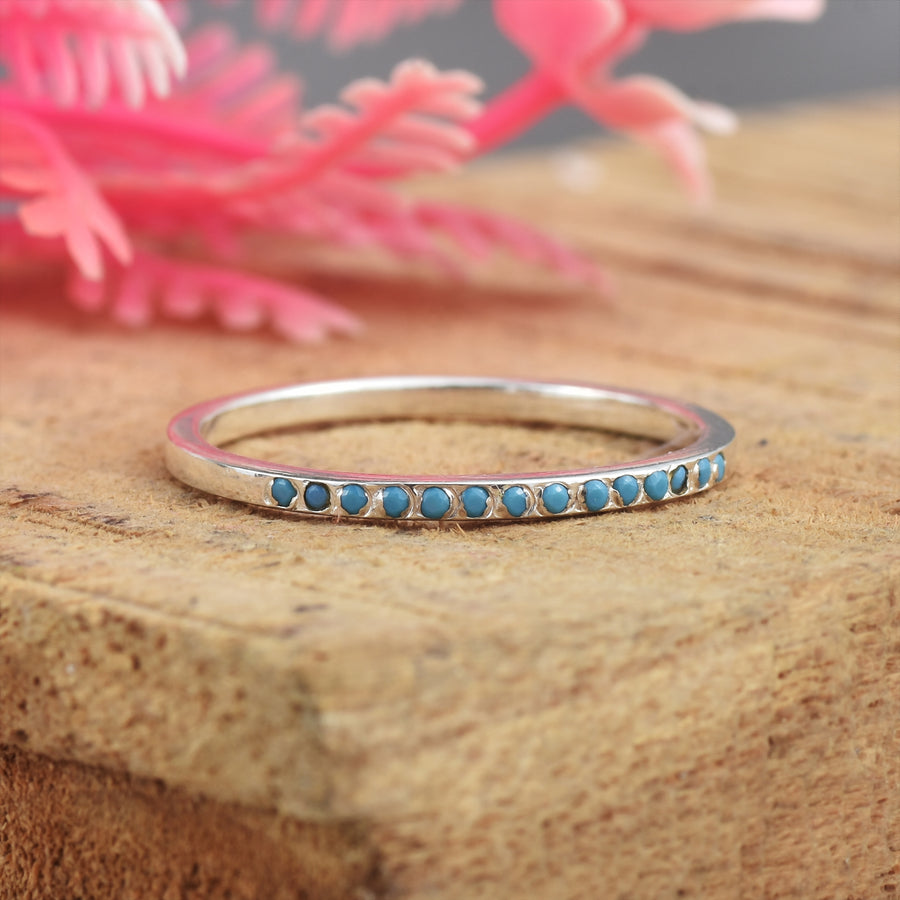 Round Blue Turquoise Stacking Band Ring – 925 Sterling Silver