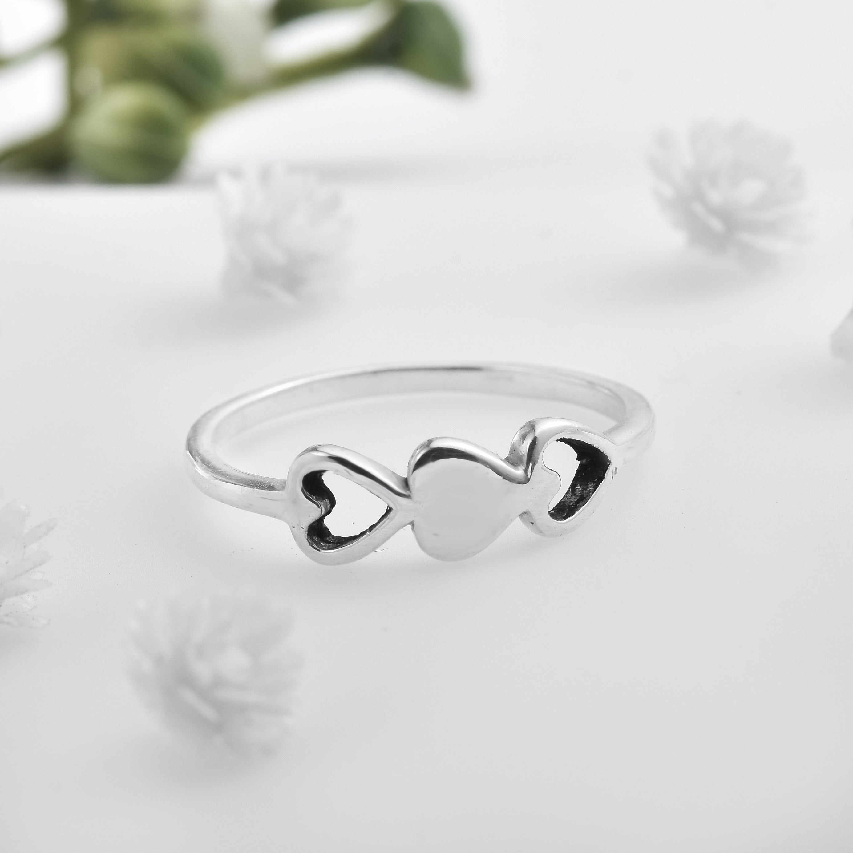 Triple Heart Minimalist Love Symbol Band Ring 925 Sterling Silver
