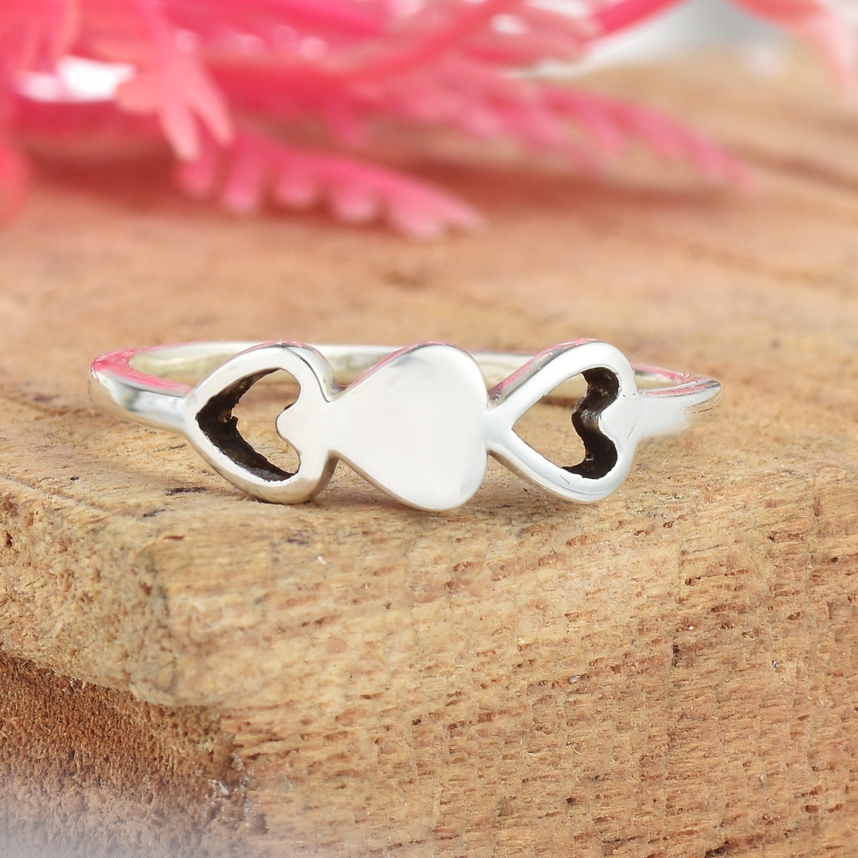 Triple Heart Minimalist Love Symbol Band Ring 925 Sterling Silver