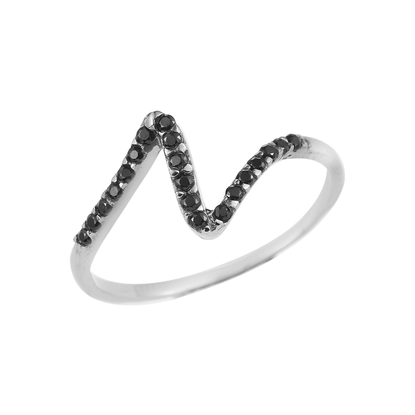 Black Spinel Round Chevron V Shape Band Ring 925 Sterling Silver