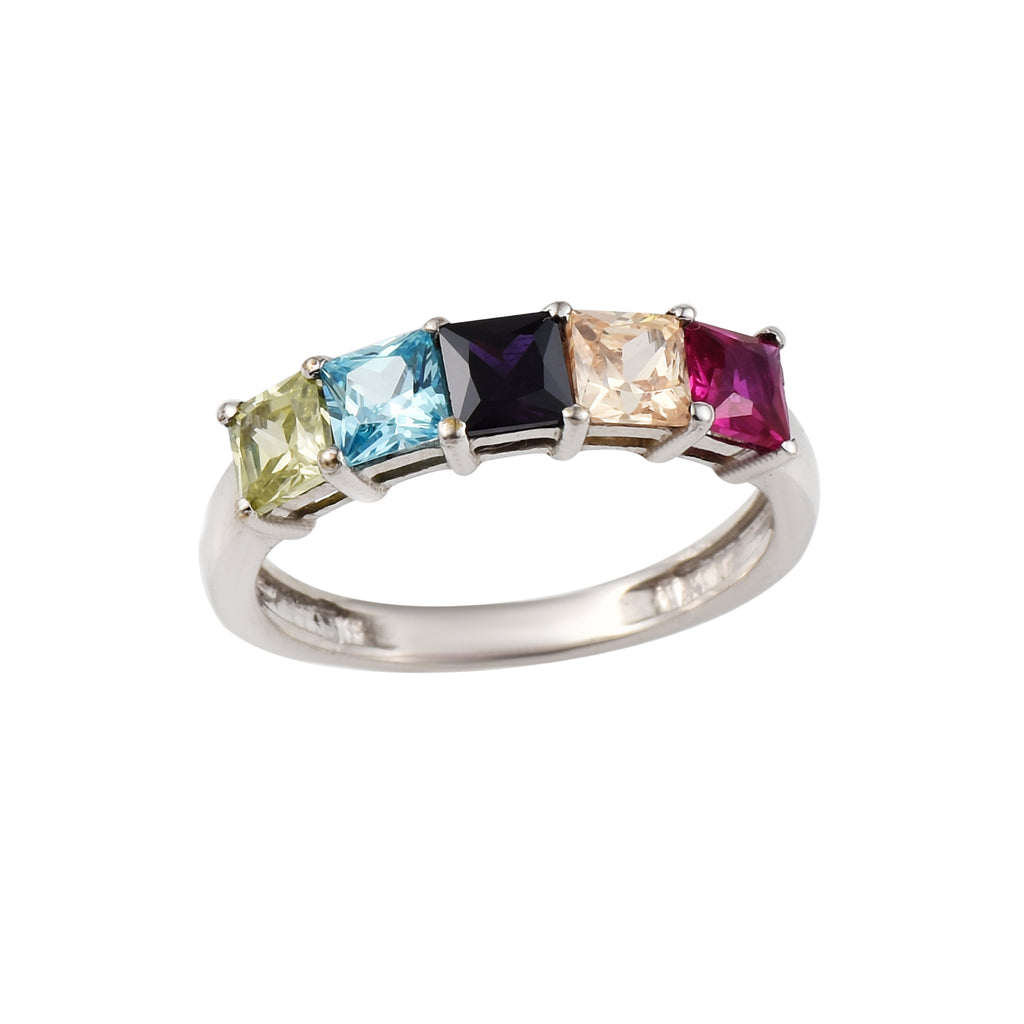 Square Cut Multicolour Gemstone 925 Sterling Silver Band Ring