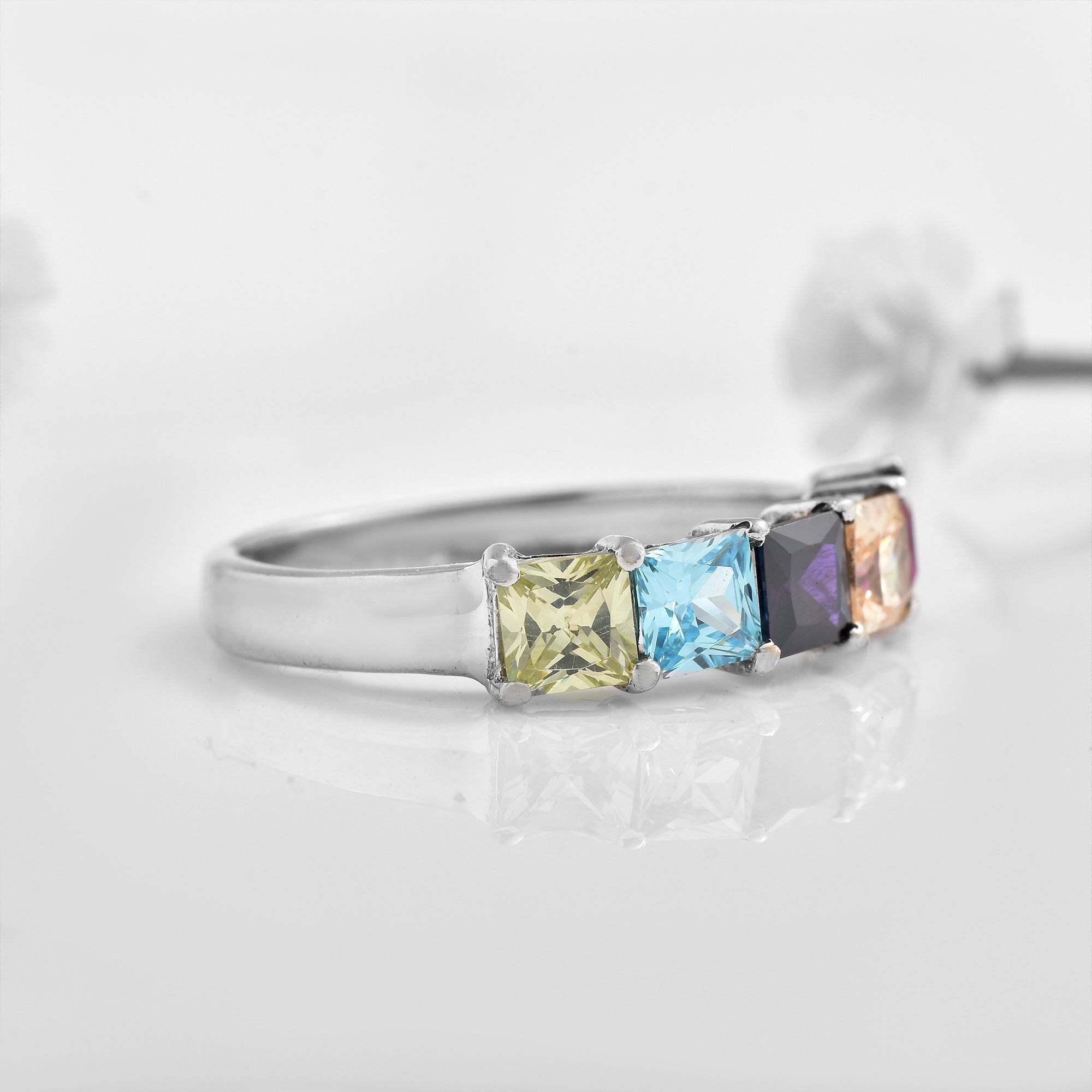 Square Cut Multicolour Gemstone 925 Sterling Silver Band Ring