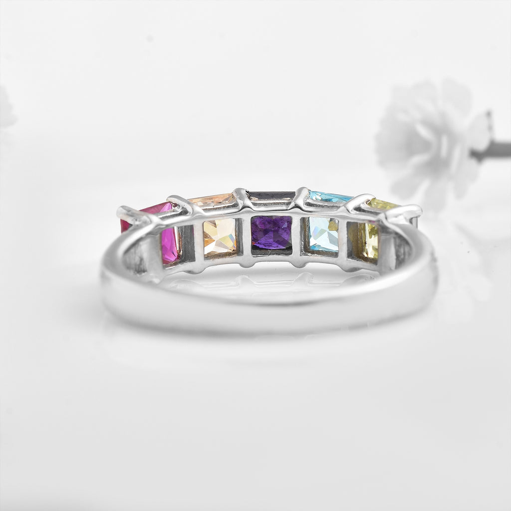 Square Cut Multicolour Gemstone 925 Sterling Silver Band Ring