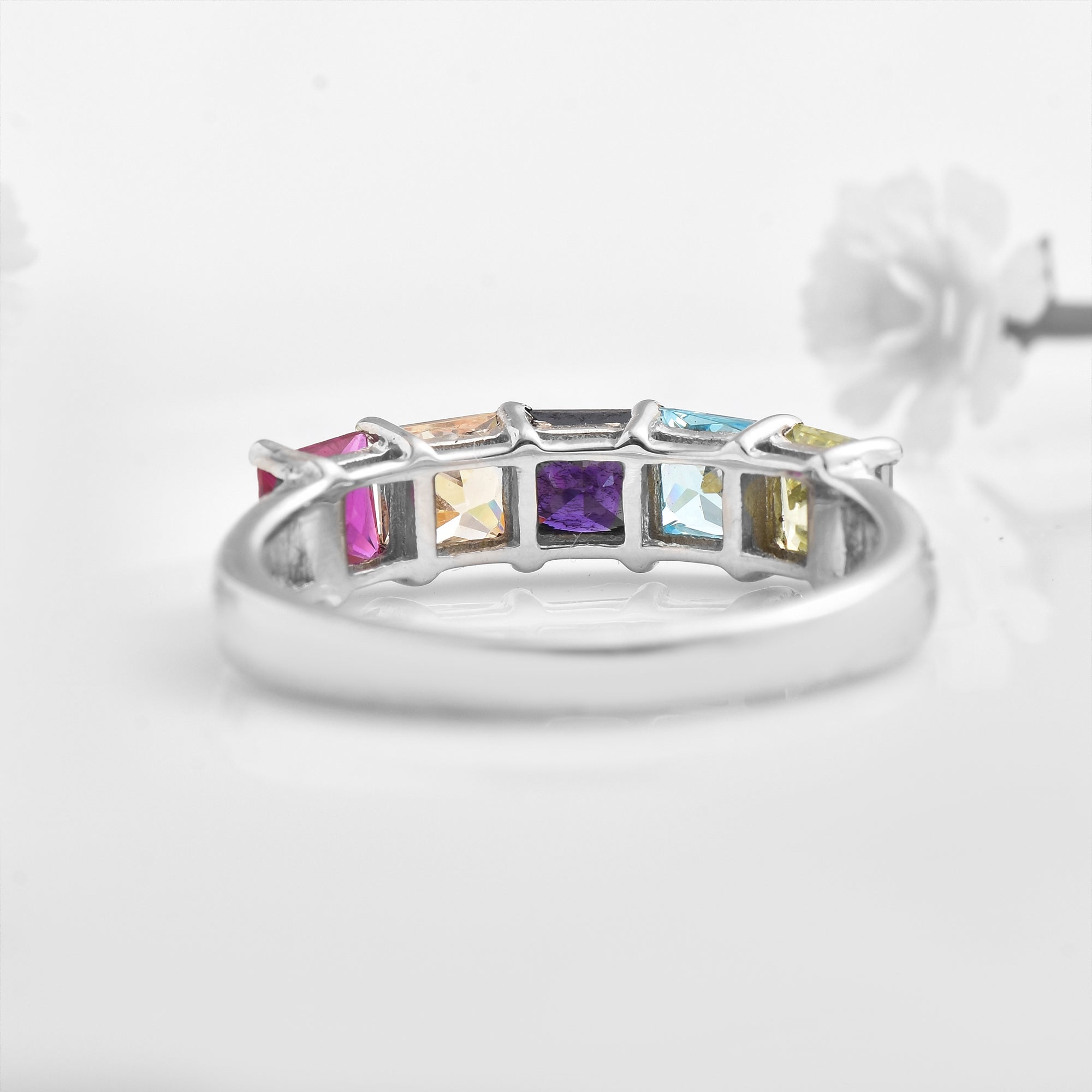 Square Cut Multicolour Gemstone 925 Sterling Silver Band Ring