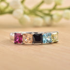 Square Cut Multicolour Gemstone 925 Sterling Silver Band Ring