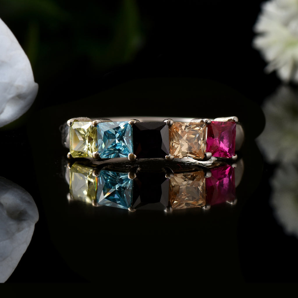 Square Cut Multicolour Gemstone 925 Sterling Silver Band Ring