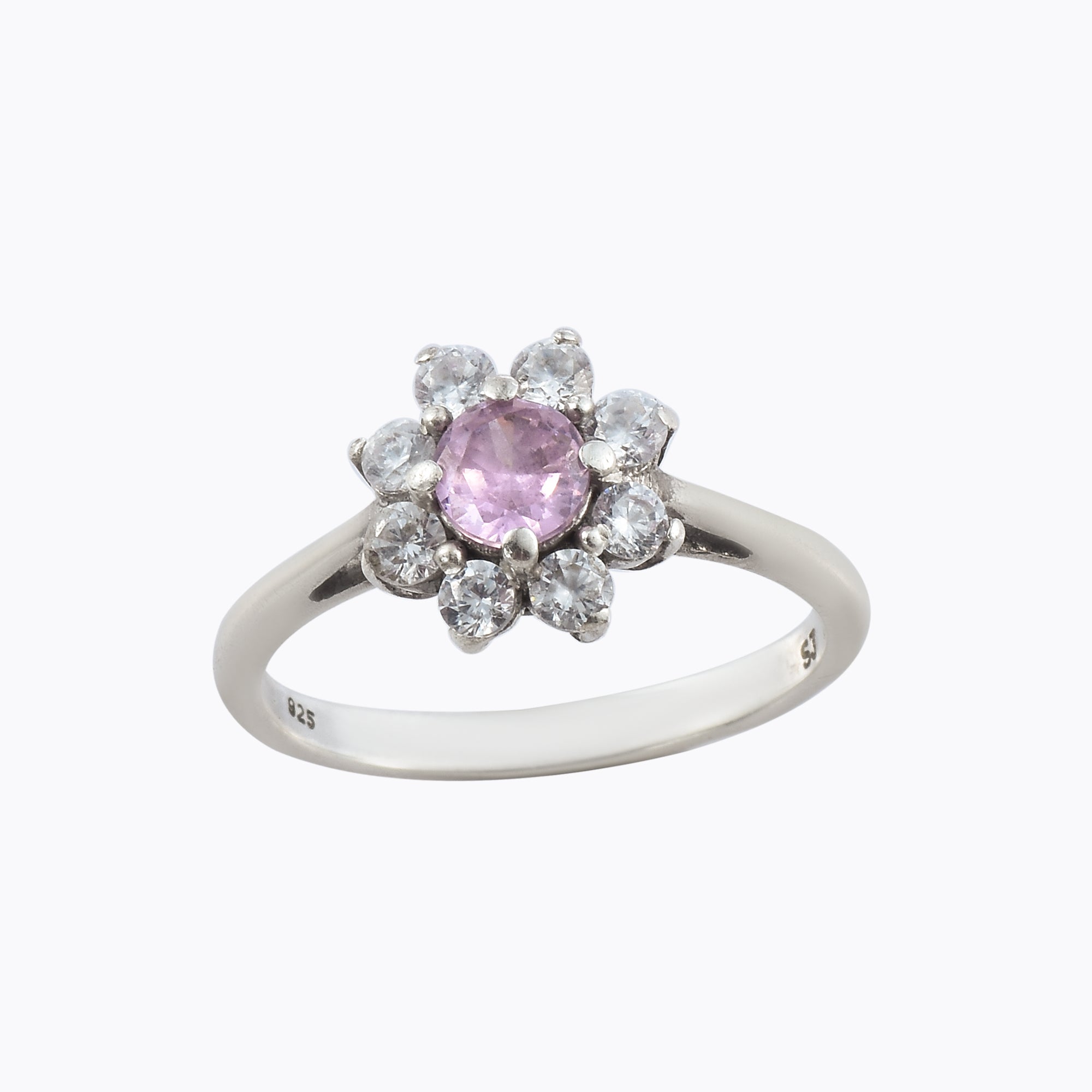 Round Pink Topaz & White CZ Halo Ring 925 Sterling Silver