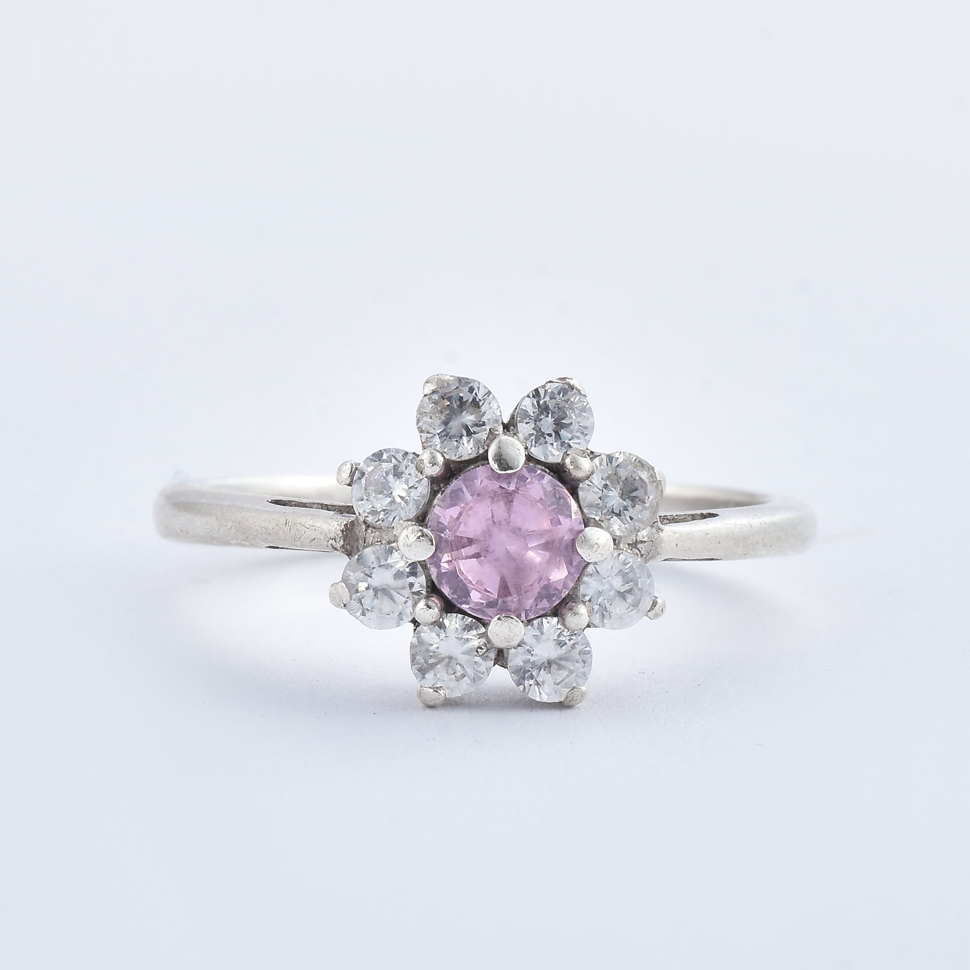 Round Pink Topaz & White CZ Halo Ring 925 Sterling Silver