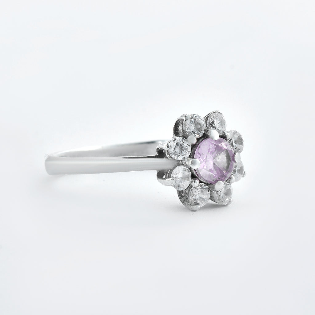 Round Pink Topaz & White CZ Halo Ring 925 Sterling Silver
