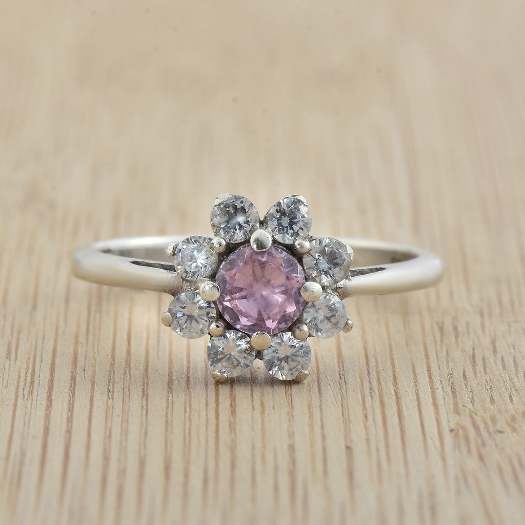 Round Pink Topaz & White CZ Halo Ring 925 Sterling Silver