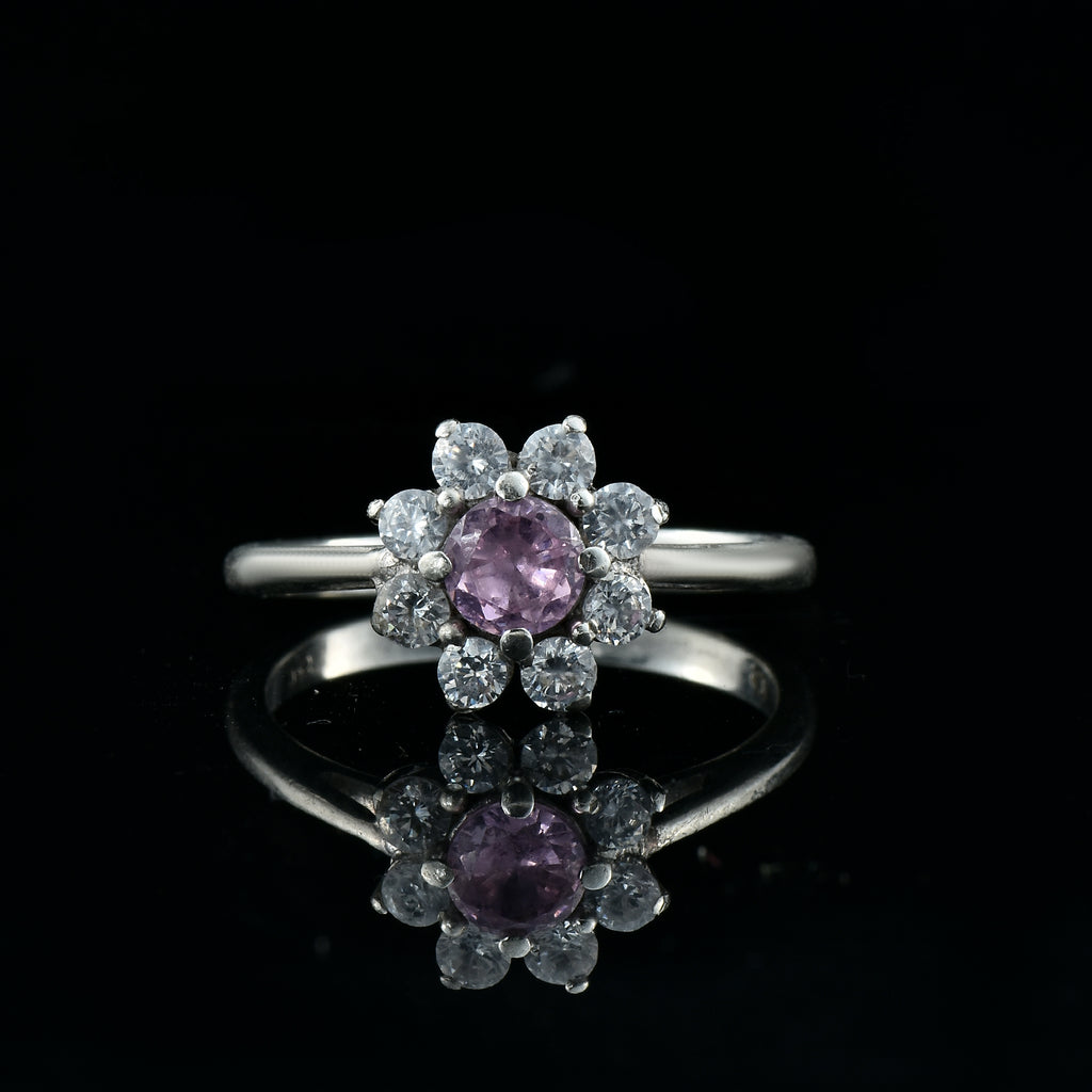 Round Pink Topaz & White CZ Halo Ring 925 Sterling Silver