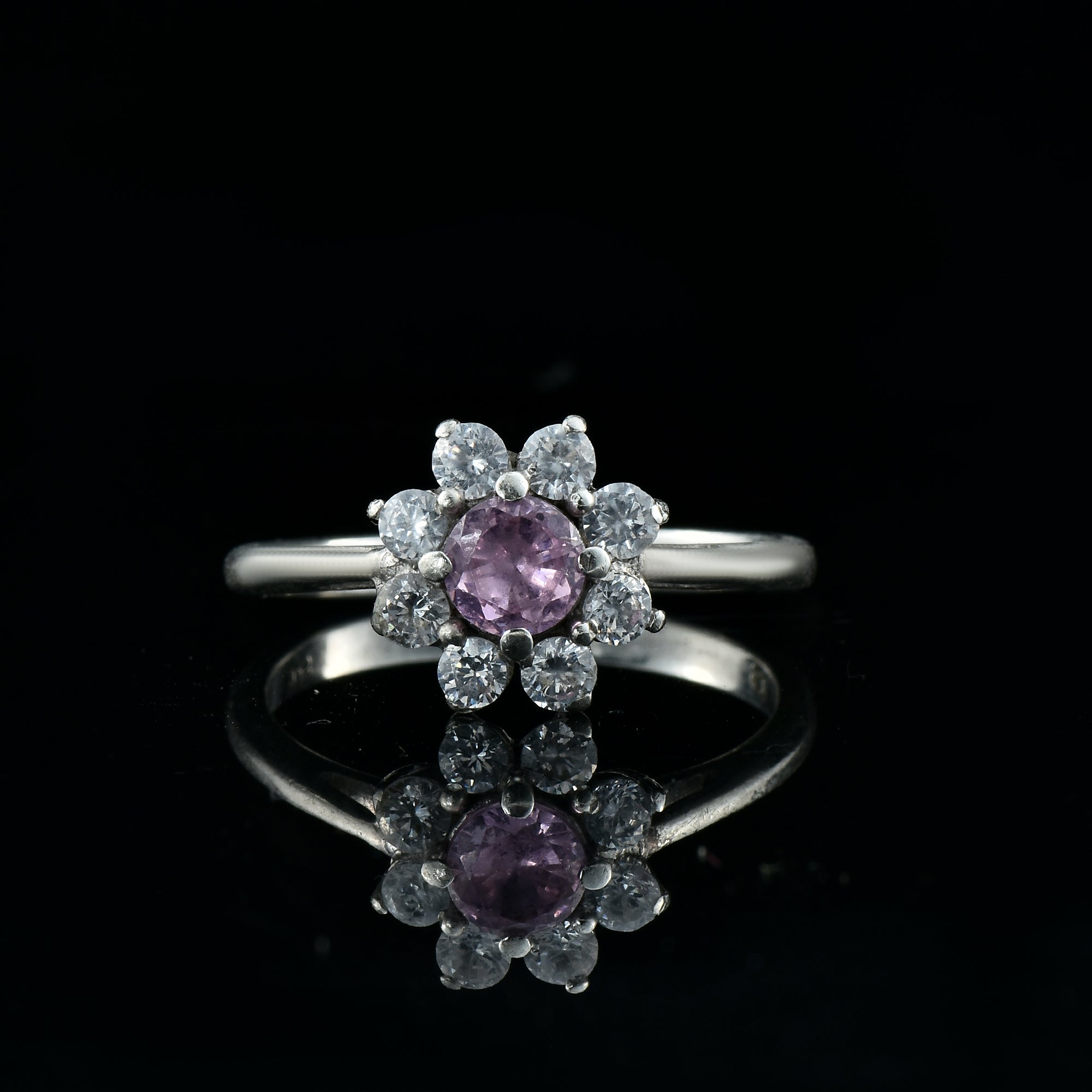 Round Pink Topaz & White CZ Halo Ring 925 Sterling Silver