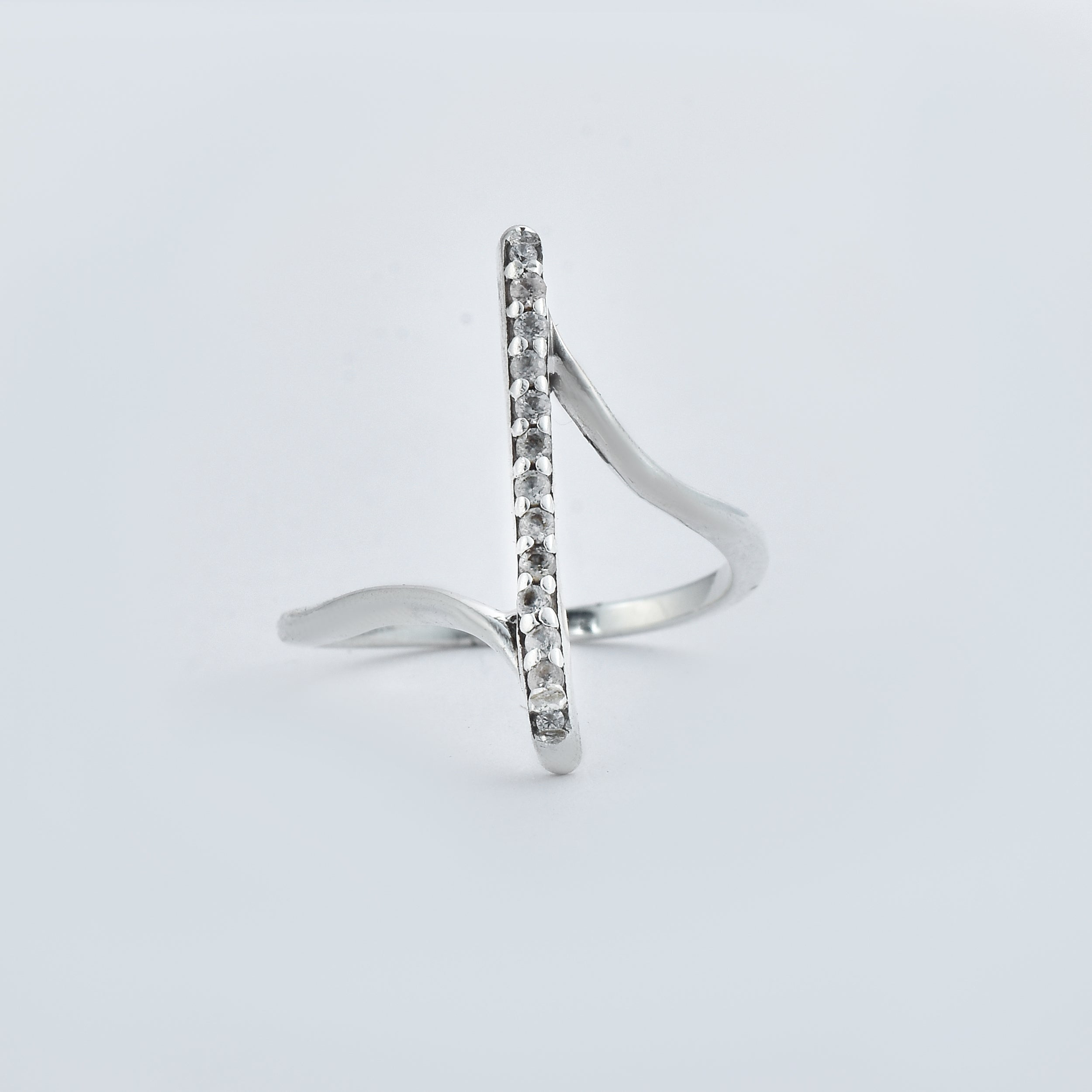 Round White Topaz Bar Ring in 925 Sterling Silver