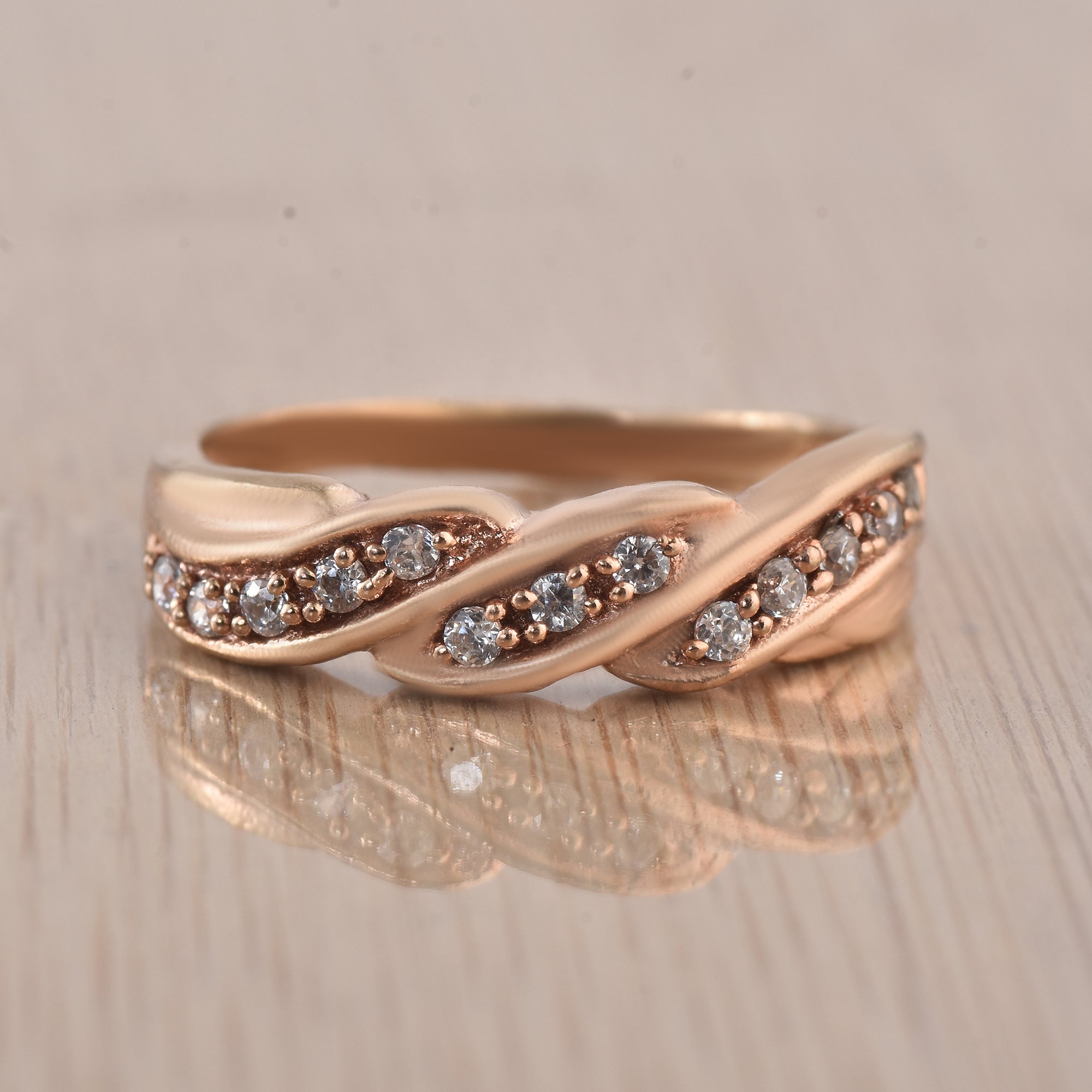 Round White Topaz Wave Band Ring 925 Sterling Silver Rose Gold Plated