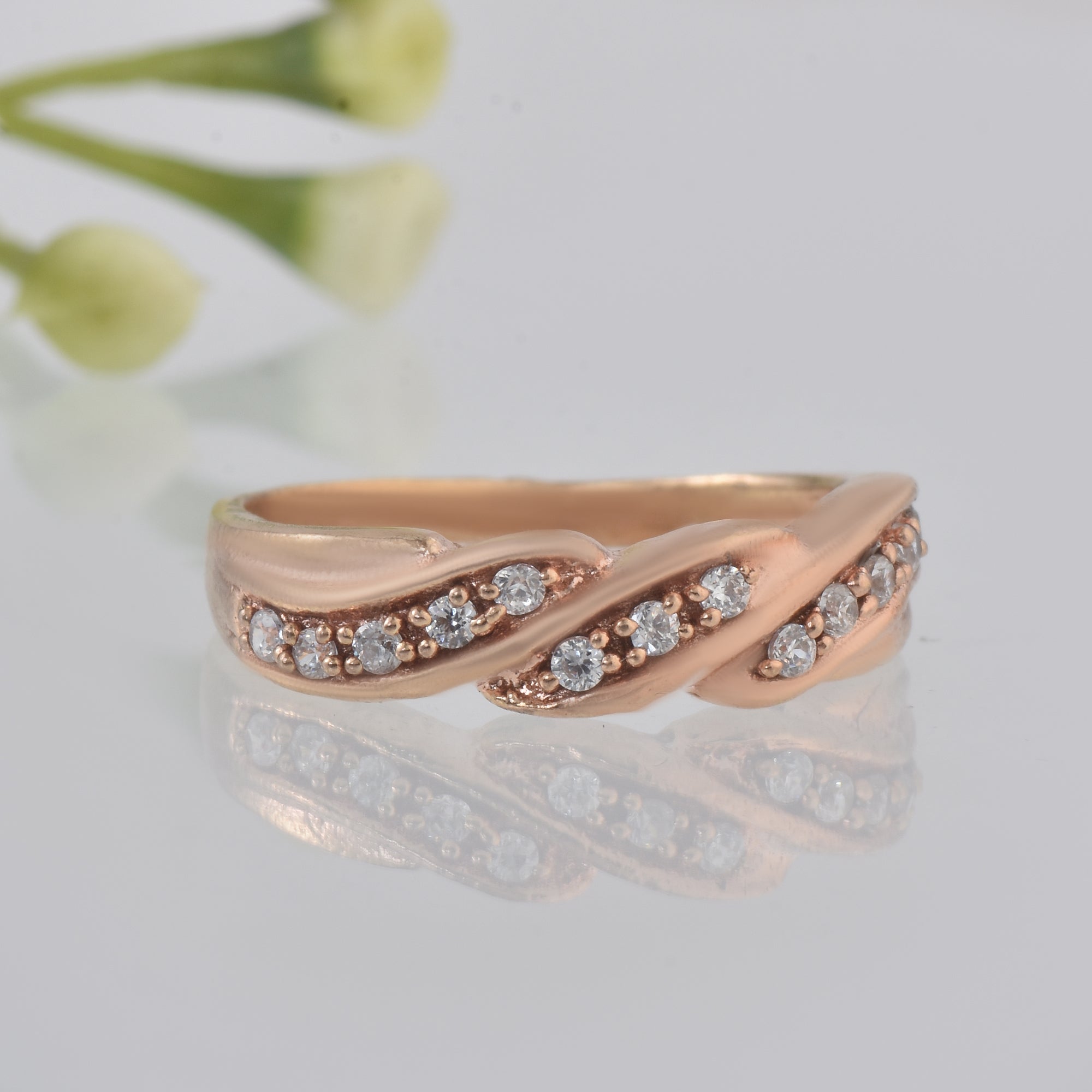 Round White Topaz Wave Band Ring 925 Sterling Silver Rose Gold Plated