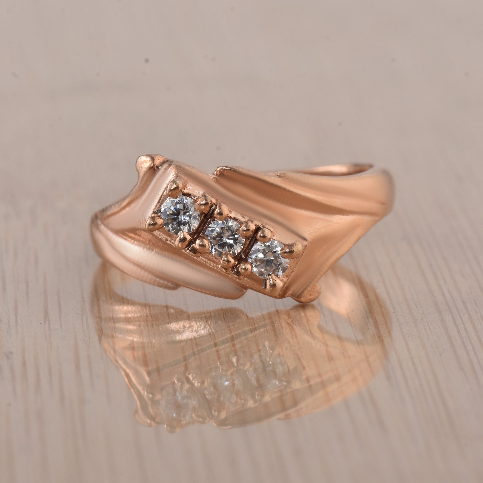 Round White Topaz Three Stone Ring 925 Sterling Silver Rose Gold Plated