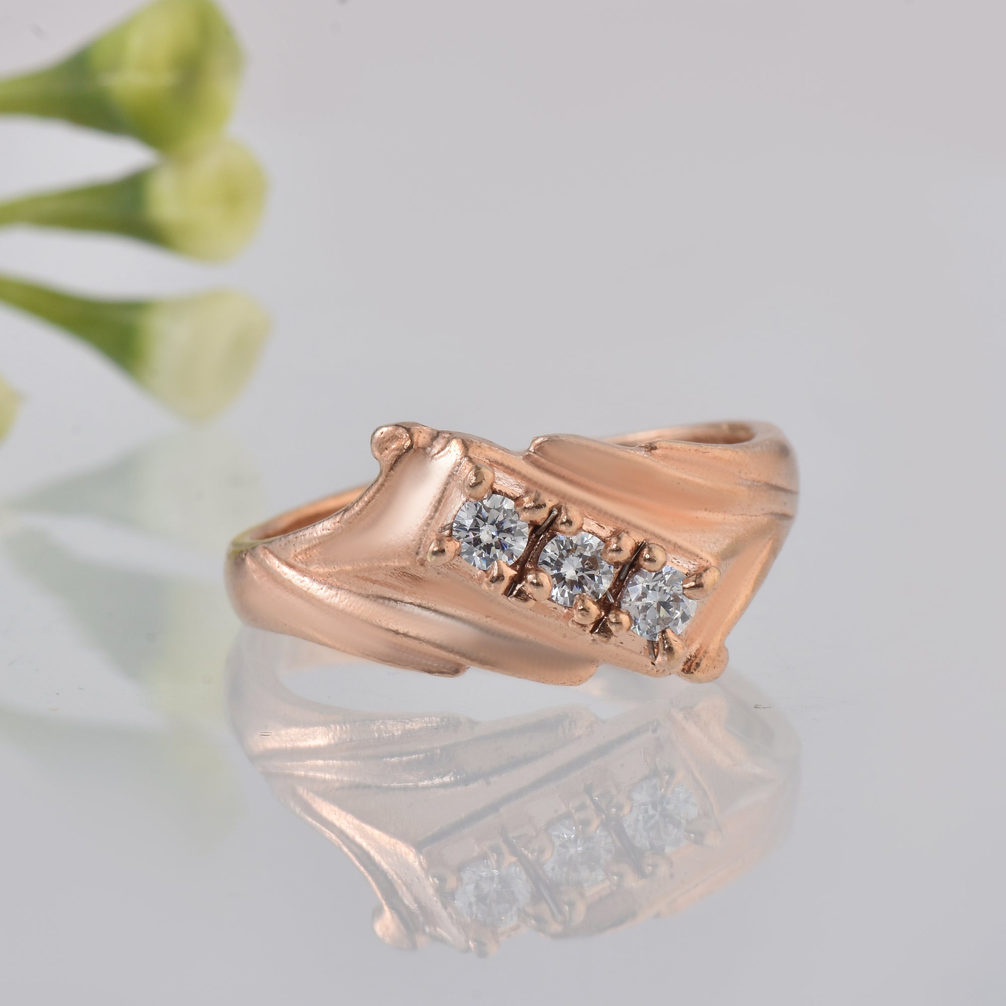 Round White Topaz Three Stone Ring 925 Sterling Silver Rose Gold Plated