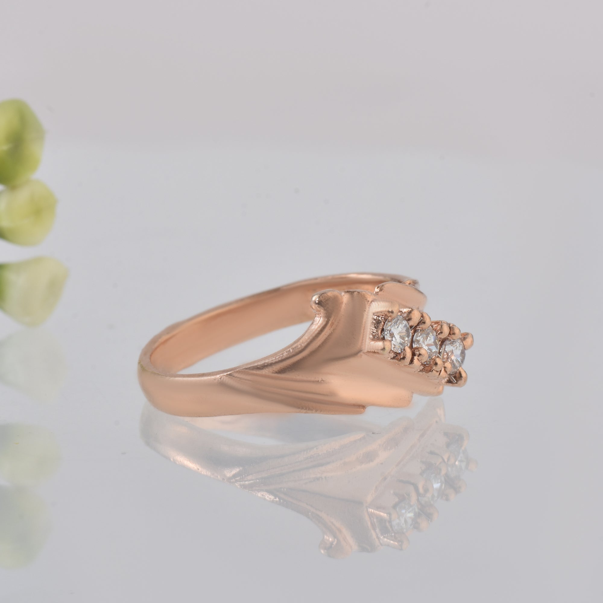 Round White Topaz Three Stone Ring 925 Sterling Silver Rose Gold Plated