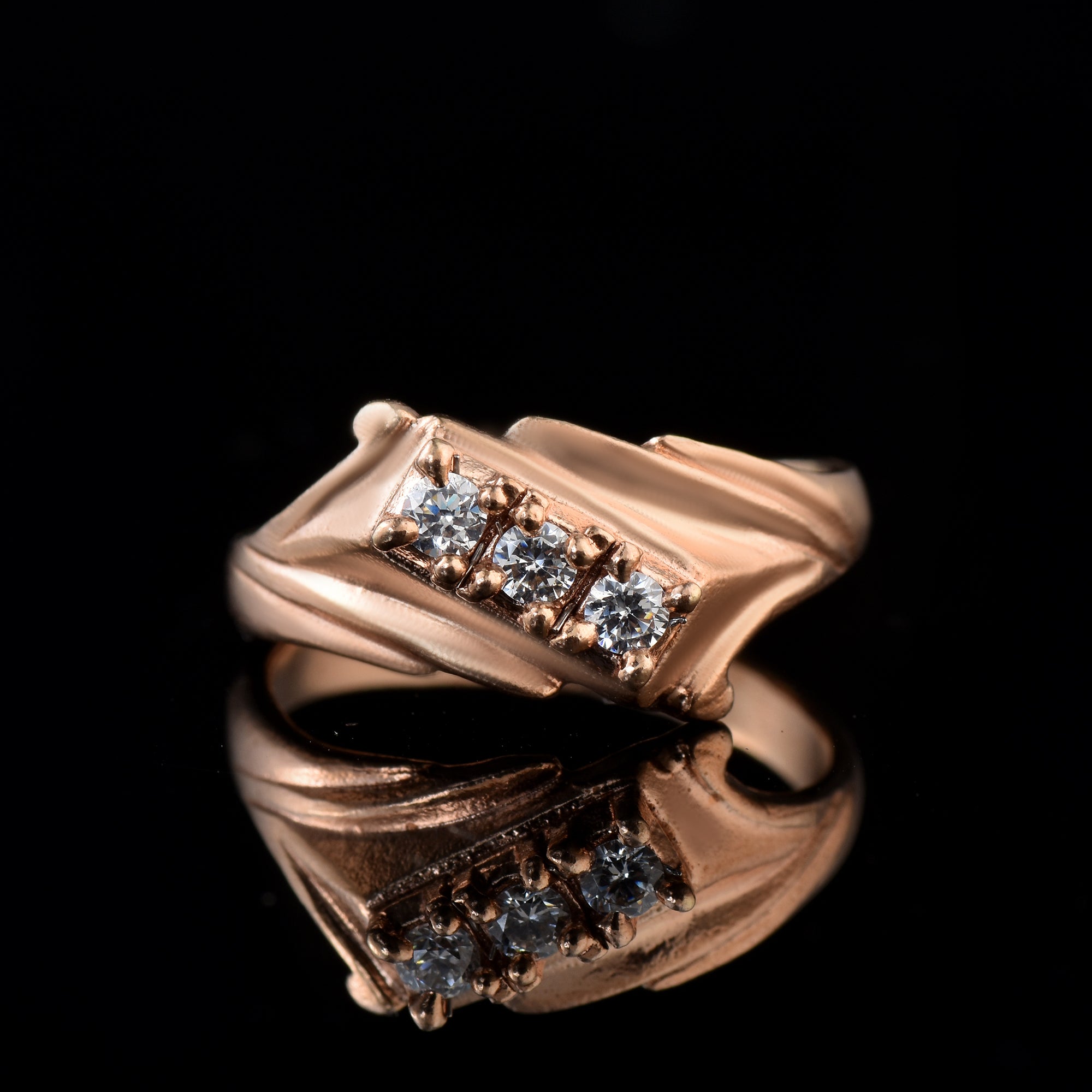 Round White Topaz Three Stone Ring 925 Sterling Silver Rose Gold Plated