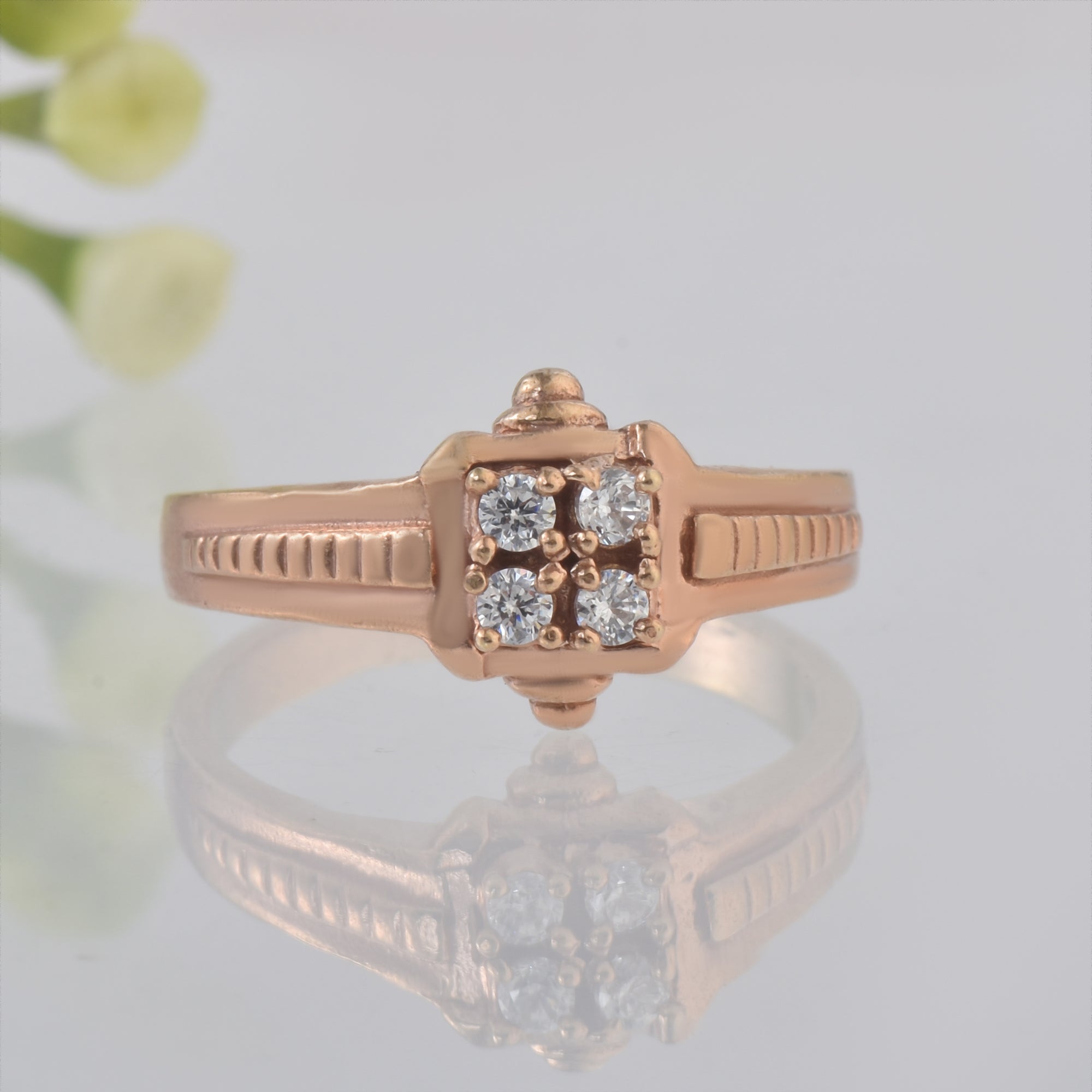 Round White Topaz Square Cluster Ring 925 Sterling Silver Rose Gold Plated