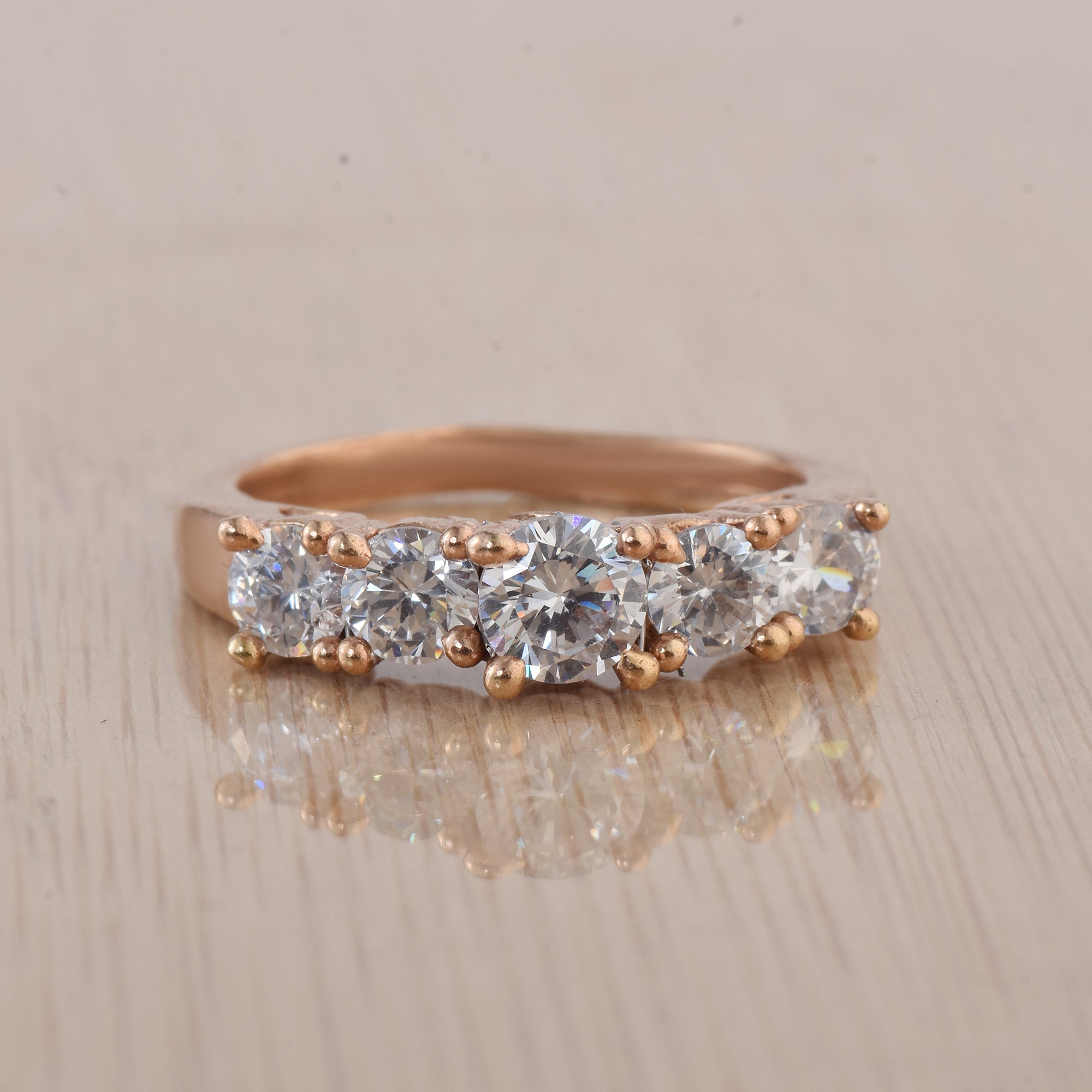 Round White Topaz Five Stone Ring 925 Sterling Silver Rose Gold Plated