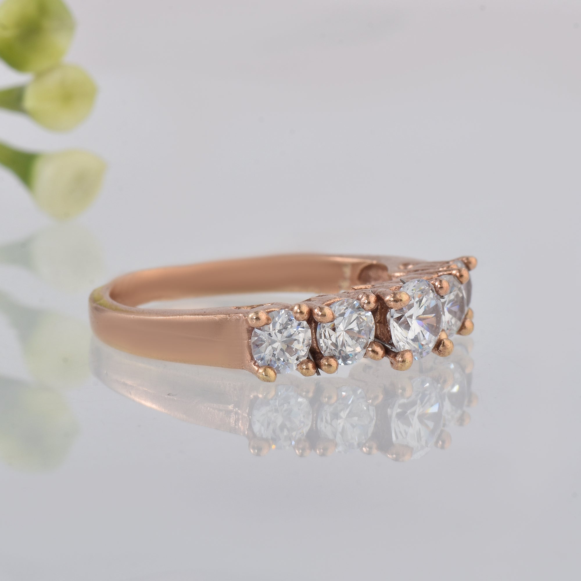 Round White Topaz Five Stone Ring 925 Sterling Silver Rose Gold Plated