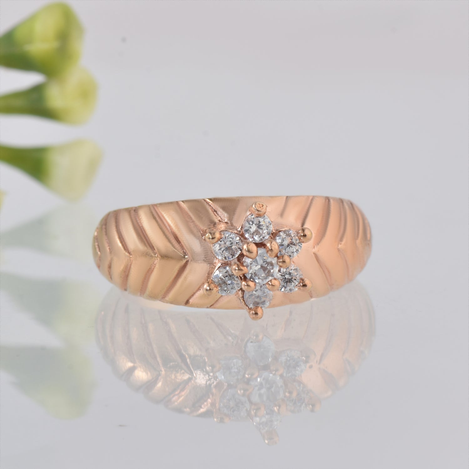 Round White Topaz Floral Ring 925 Sterling Silver Rose Gold Plated