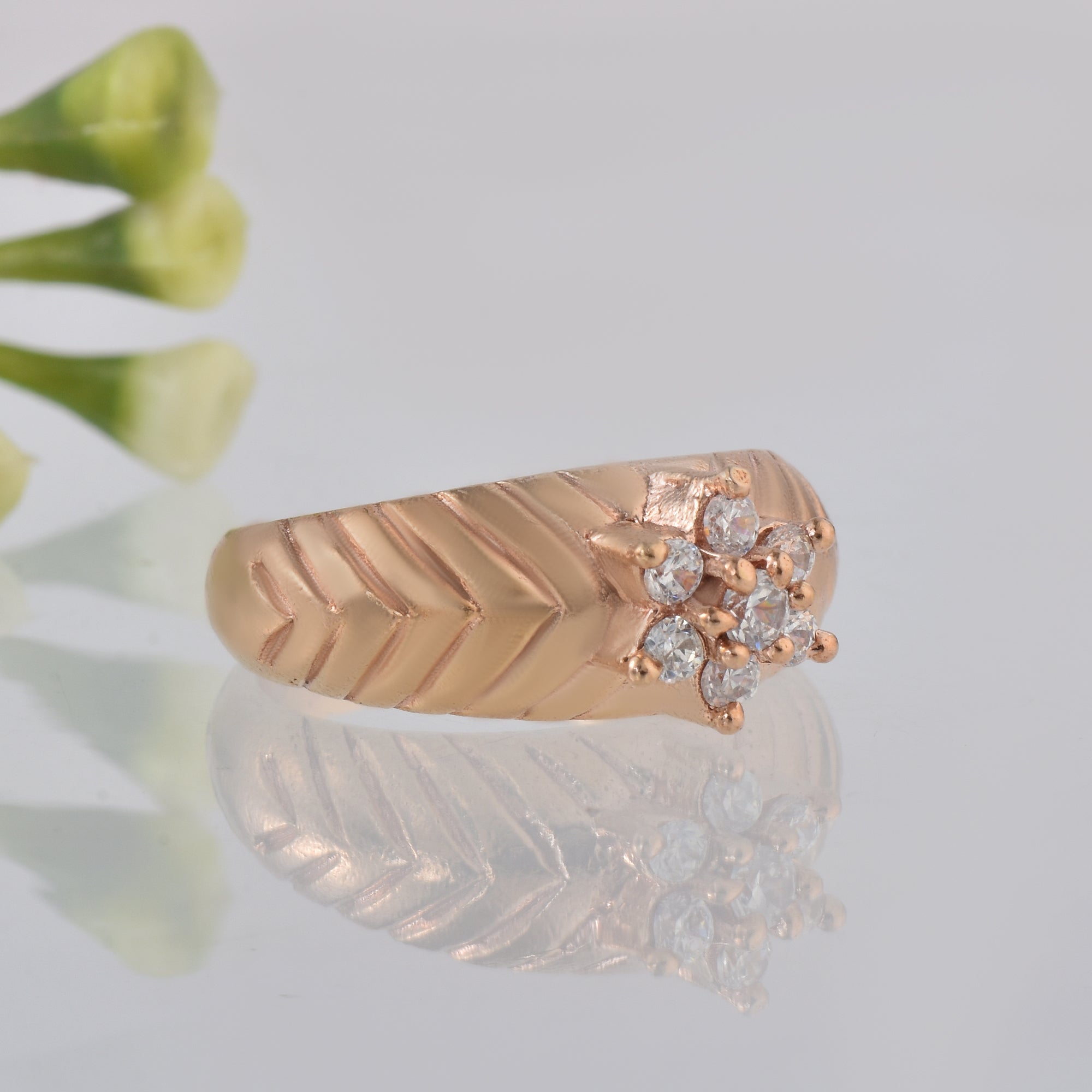 Round White Topaz Floral Ring 925 Sterling Silver Rose Gold Plated