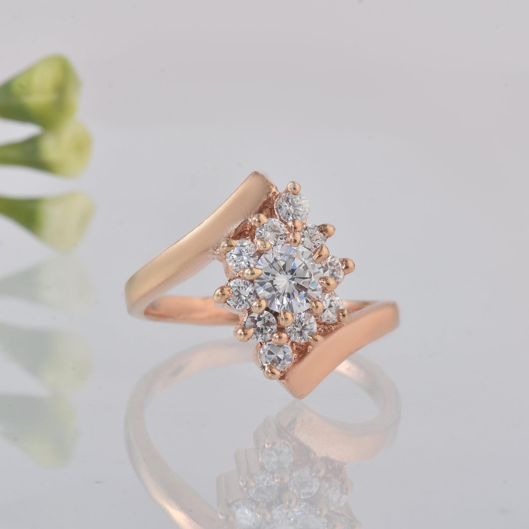 Round White Topaz Cluster Ring 925 Sterling Silver Rose Gold Plated