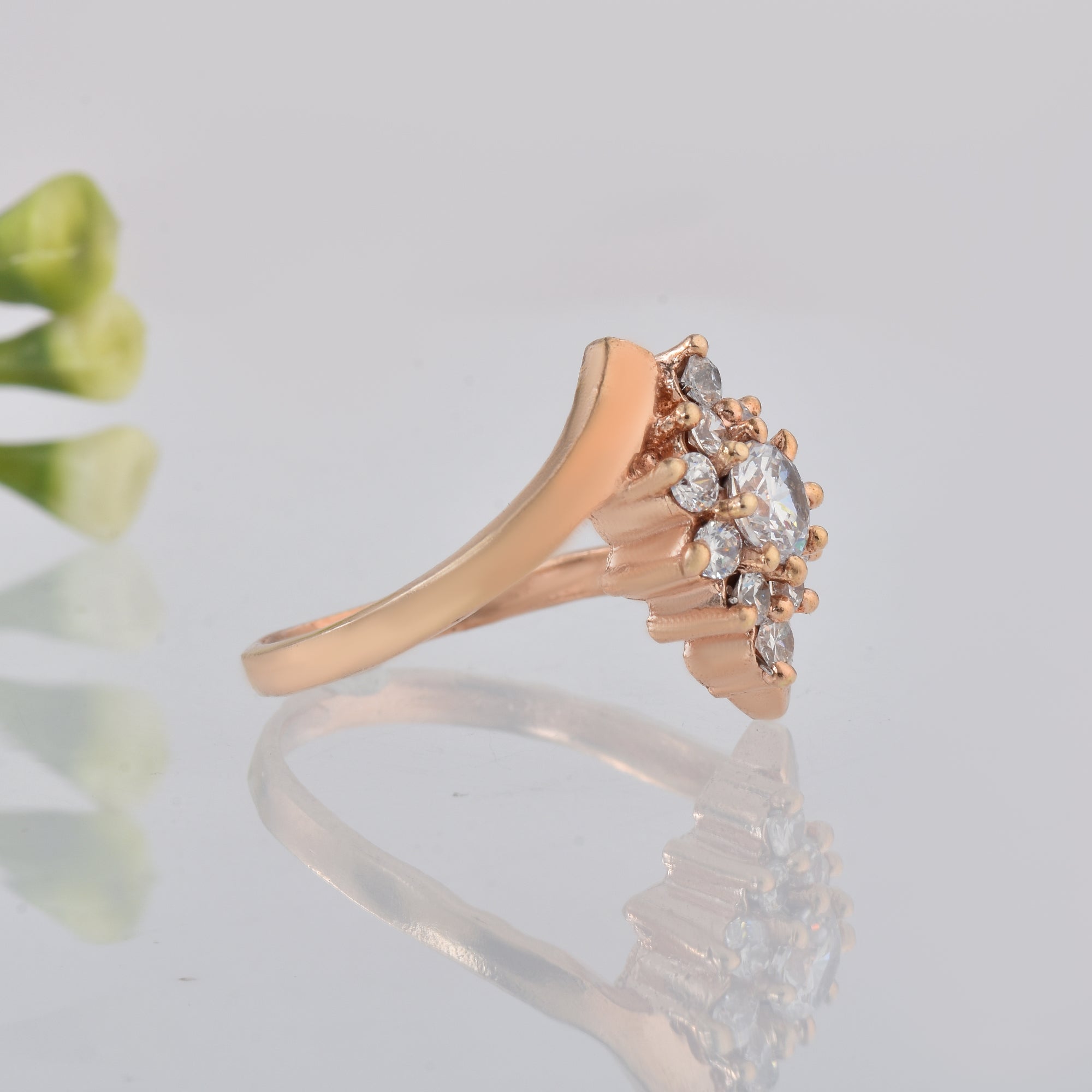 Round White Topaz Cluster Ring 925 Sterling Silver Rose Gold Plated