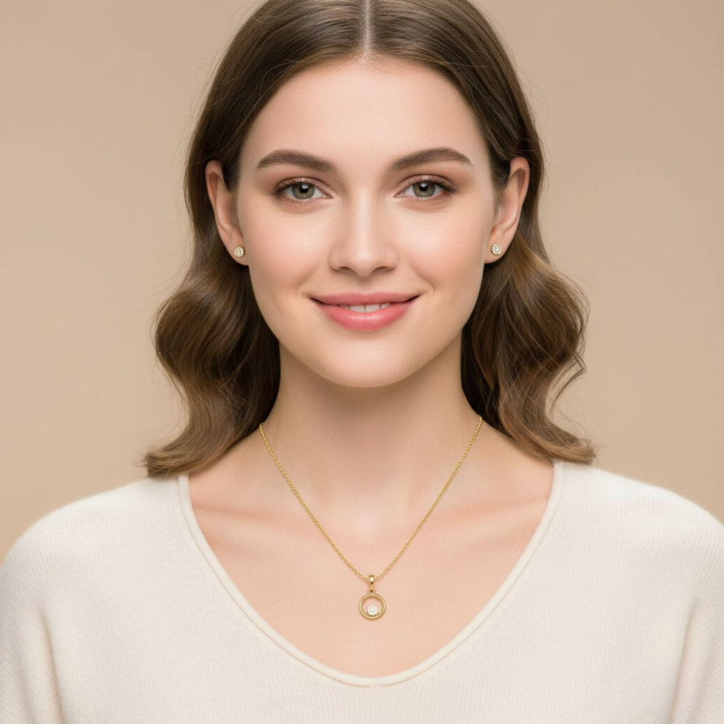 White Stone Round Halo Pendant Necklace 925 Sterling Silver Yellow Plated