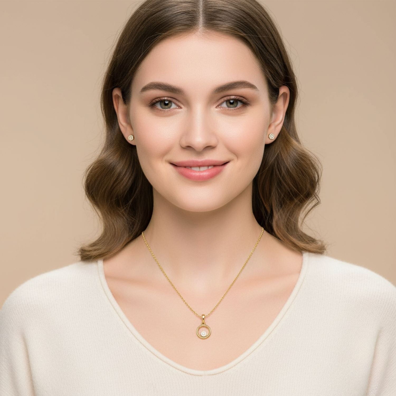 White Stone Round Halo Pendant Necklace 925 Sterling Silver Yellow Plated