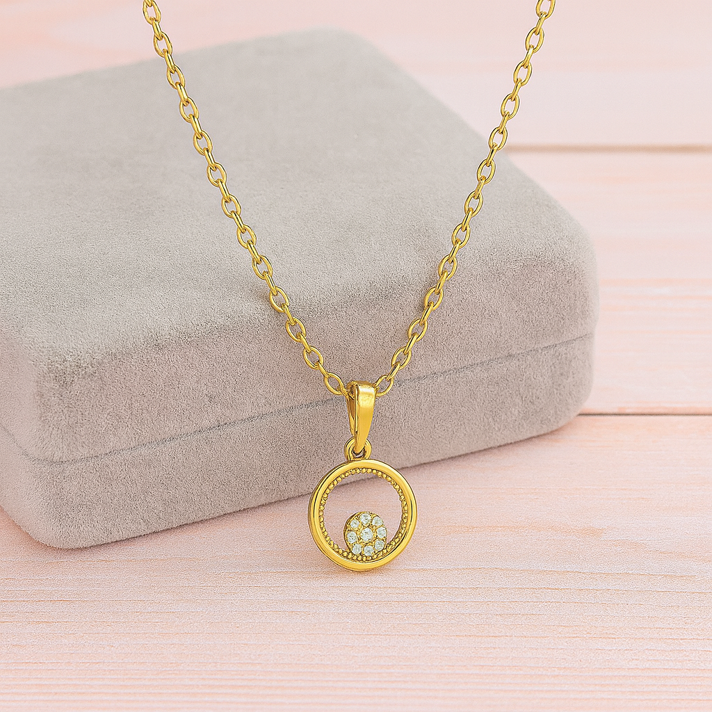 White Stone Round Halo Pendant Necklace 925 Sterling Silver Yellow Plated