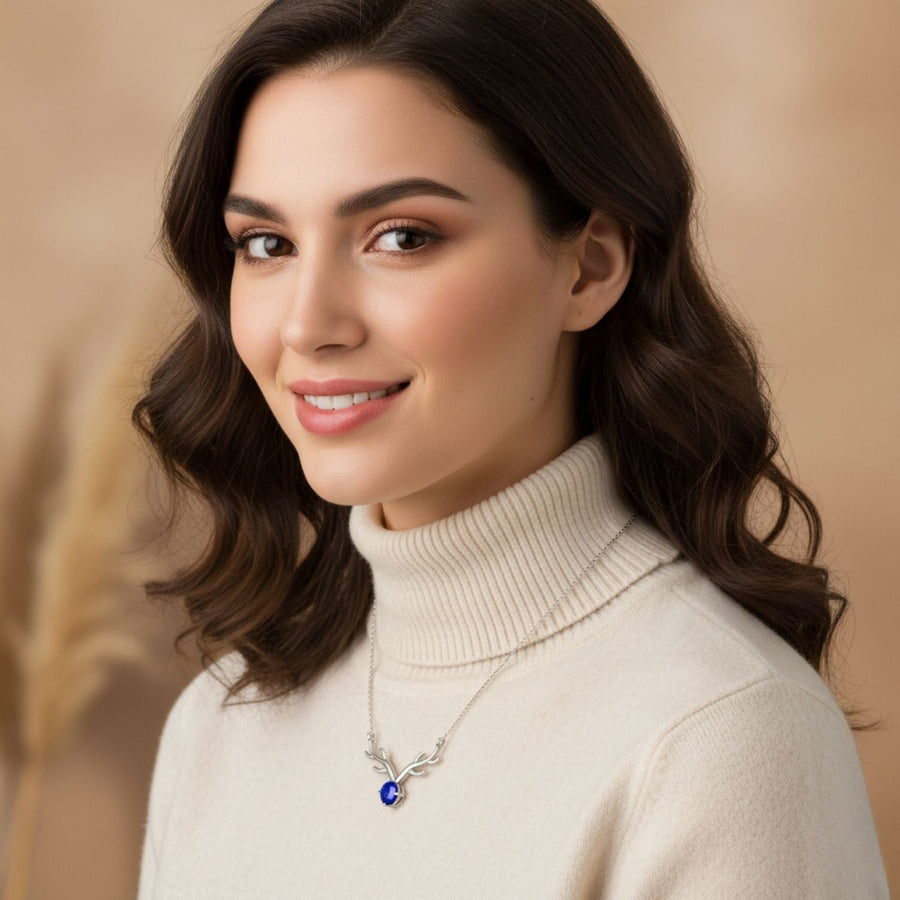 Blue CZ Reindeer Antler Necklace – 925 Sterling Silver