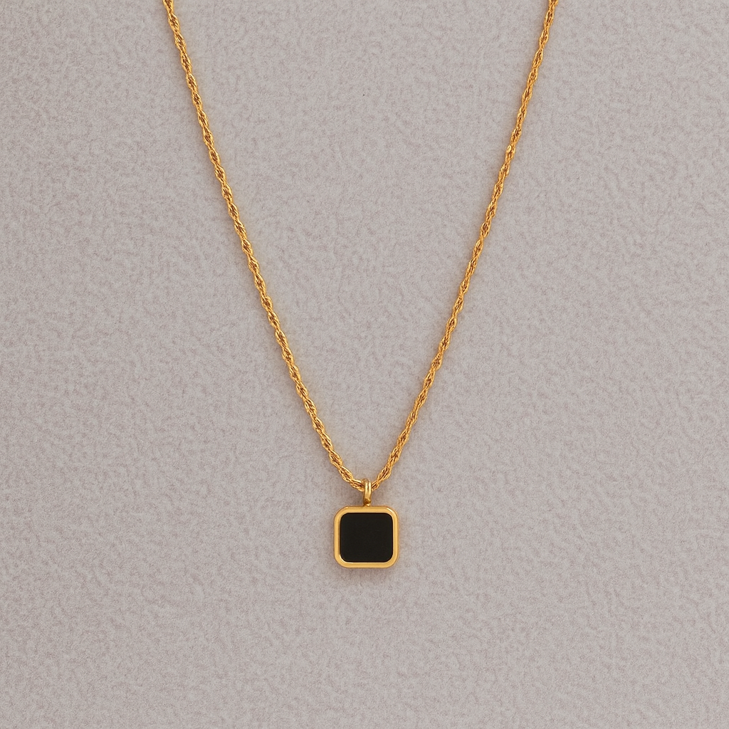 Black Onyx Square Necklace 925 Sterling Silver Yellow Plated